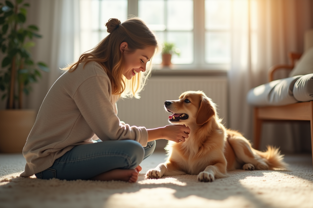 Personne souriante jouant avec un chien dans le salon