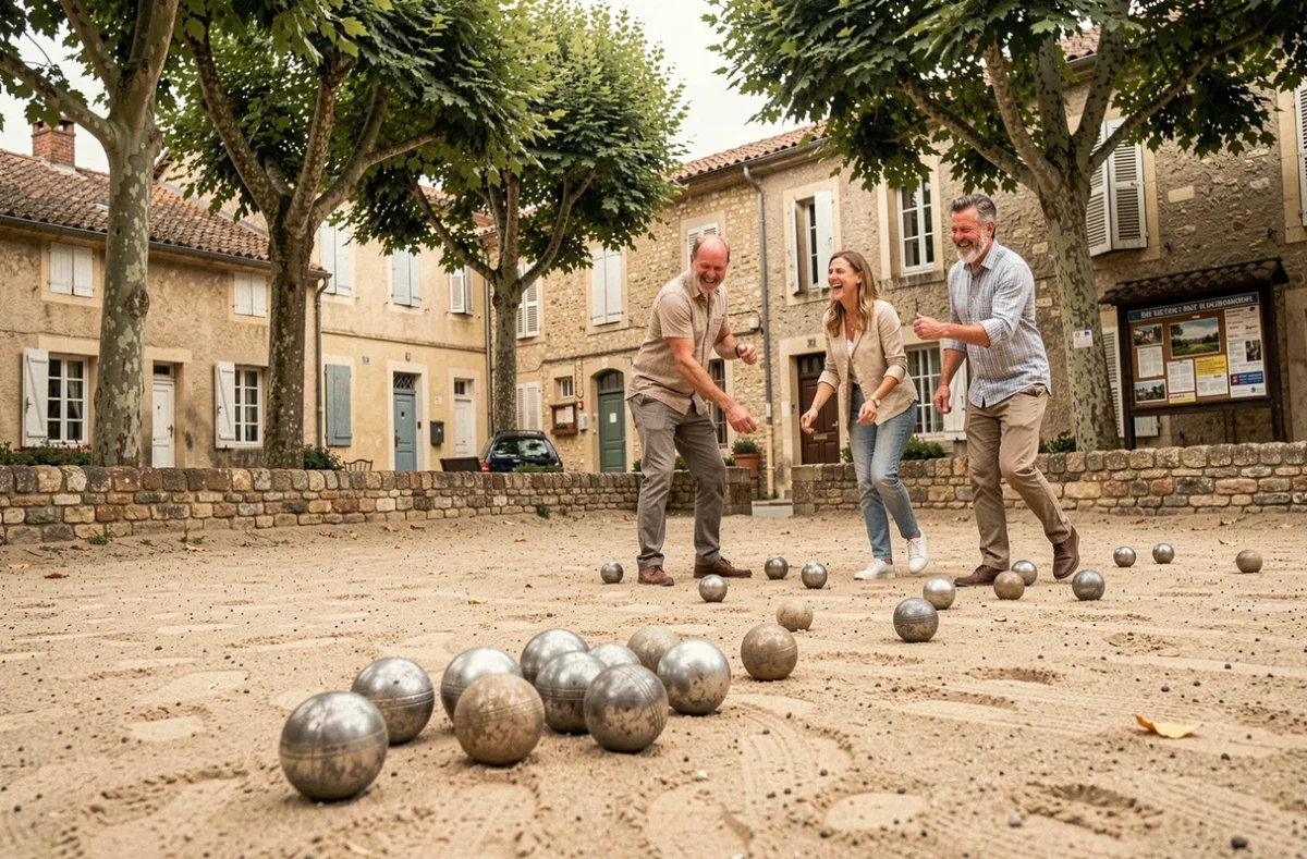 Groupe d'adultes jouant à la pétanque sur un terrain public dans un village de Seine-et-Marne, loisir convivial et économique