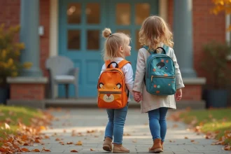 Petite fille en maternelle portant un sac à dos coloré à motifs animaux devant l'entrée de son école