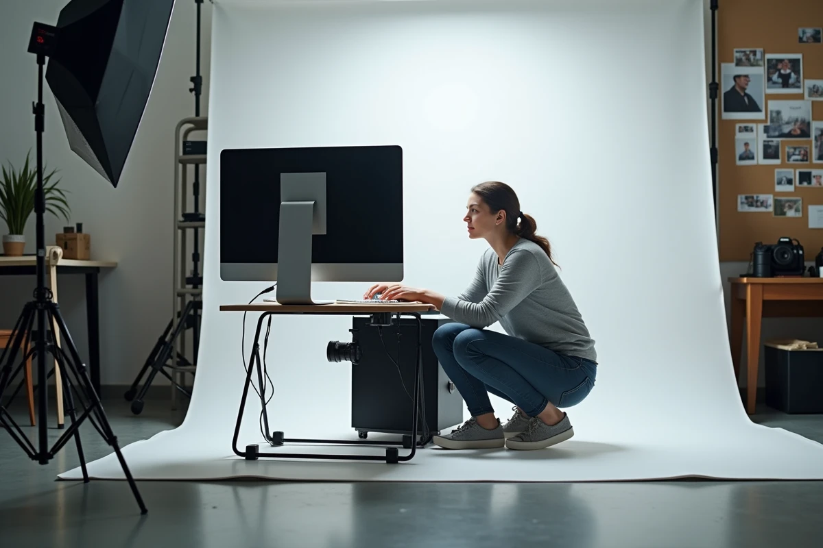 Photographe professionnelle analysant des photos de couple en studio, contexte éditorial et déontologie de l'image