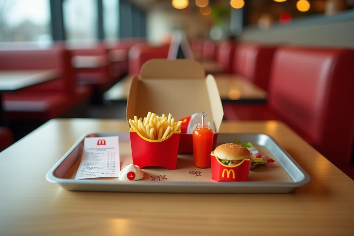 Vue de dessus d'un plateau Happy Meal McDonald's ouvert avec frites, burger, jouet et reçu de caisse montrant les prix