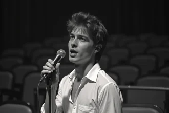 Portrait vintage en noir et blanc d'un chanteur des années 1970 tenant un microphone sur scène, évoquant l'univers de Mike Brant
