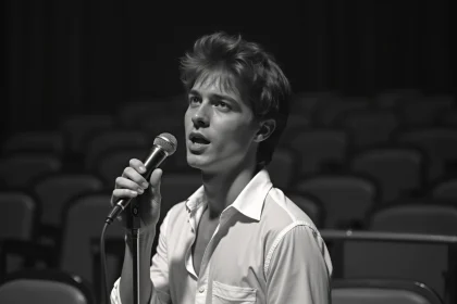 Portrait vintage en noir et blanc d'un chanteur des années 1970 tenant un microphone sur scène, évoquant l'univers de Mike Brant
