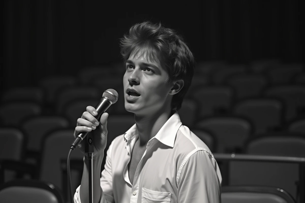 Portrait vintage en noir et blanc d'un chanteur des années 1970 tenant un microphone sur scène, évoquant l'univers de Mike Brant