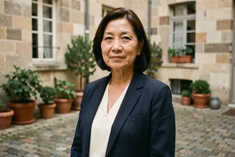 Portrait discret d'une femme d'origine franco-asiatique dans la cinquantaine, habillée élégamment dans une cour parisienne en pierre