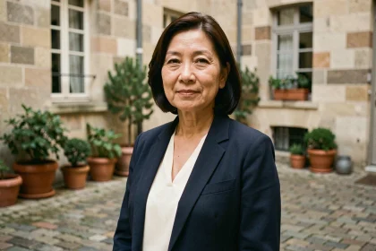 Portrait discret d'une femme d'origine franco-asiatique dans la cinquantaine, habillée élégamment dans une cour parisienne en pierre