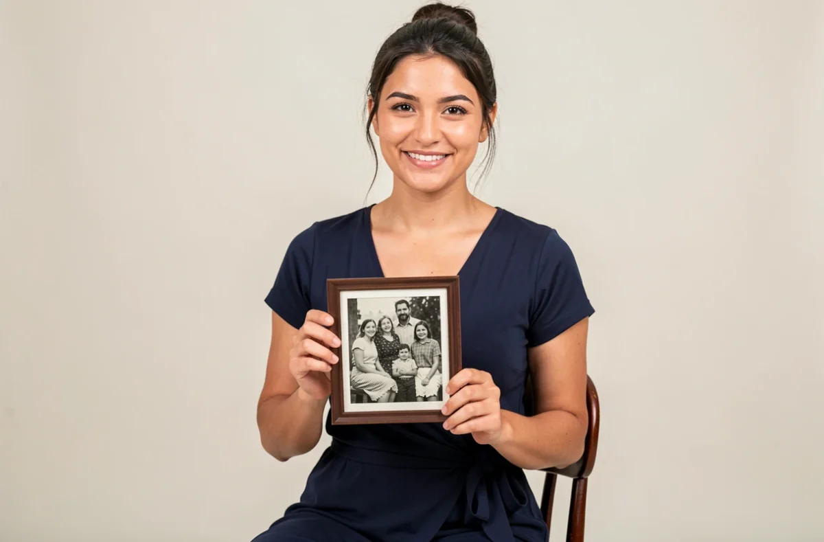Portrait studio d'une femme méditerranéenne tenant une photo de famille vintage en noir et blanc, exprimant fierté et nostalgie de ses racines italiennes