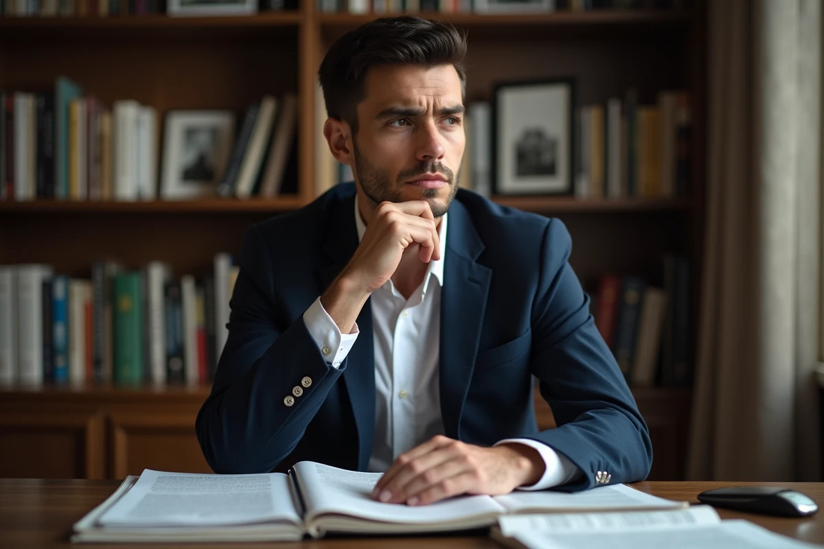 Portrait d'un journaliste homme assis à un bureau avec des documents, illustrant une enquête sur l'identité et les origines familiales d'une personnalité médiatique