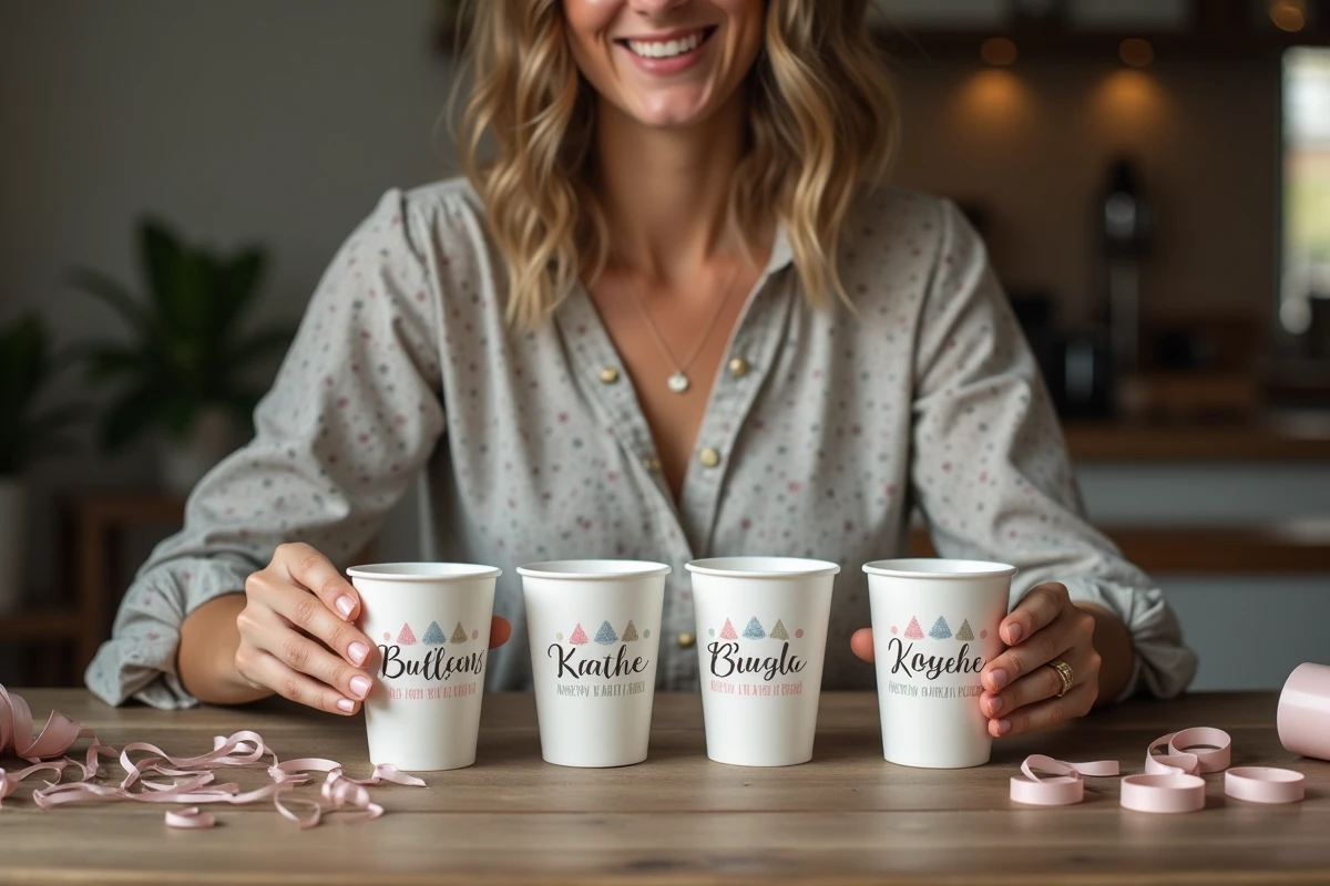 Femme préparant des gobelets personnalisés pour un anniversaire sur une table en bois rustique