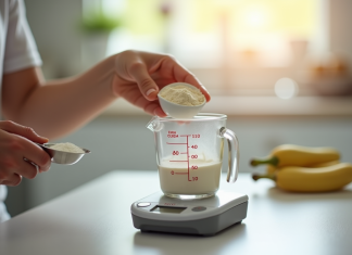 Parent mesurant poudre de lait bébé dans une tasse