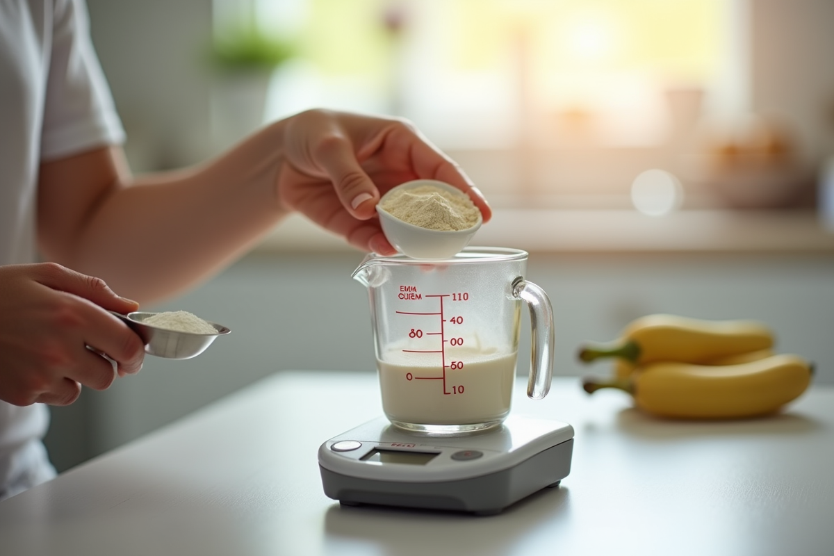 Parent mesurant poudre de lait bébé dans une tasse