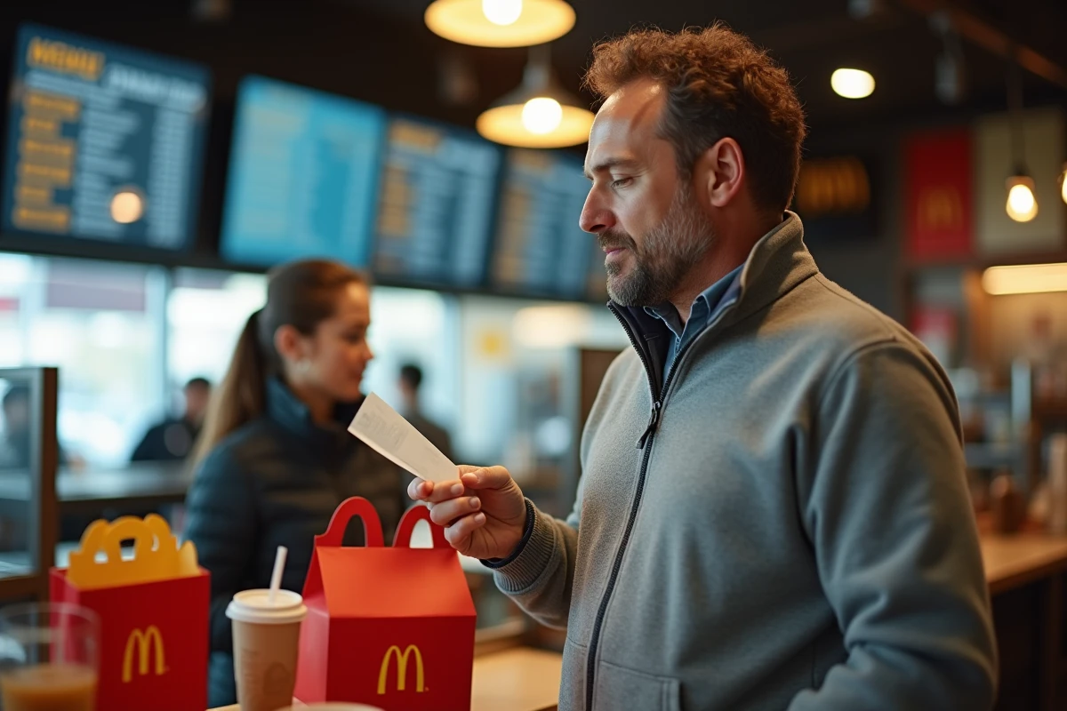 Père consultant les prix du menu McDonald's au comptoir avec un sac Happy Meal et un reçu en main