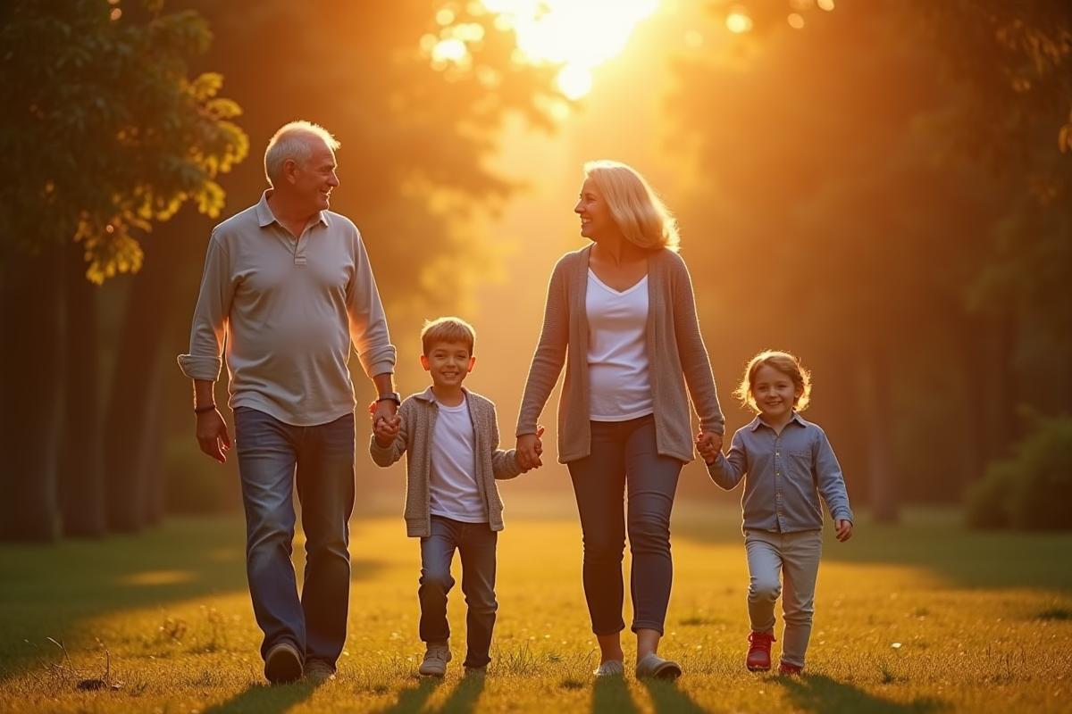 Couple et enfants se promenant main dans la main dans un parc
