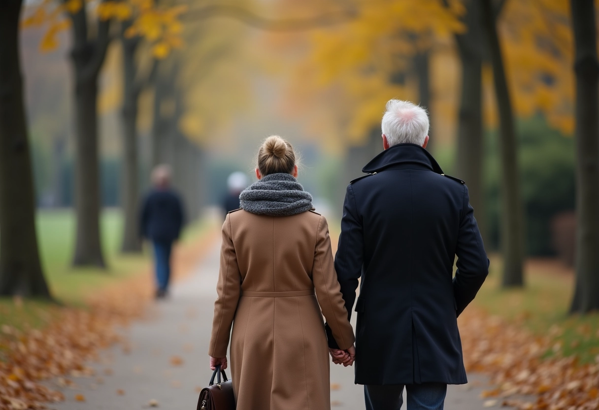 Homme et femme marchant dans un parc automnal