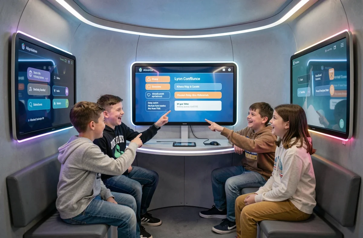 Enfants jouant au quiz interactif en cabine au Quiz Room Lyon Confluence