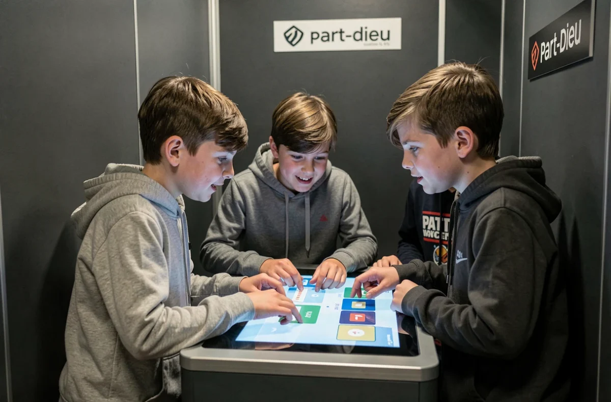 Enfants participant à un quiz interactif en cabine au Quiz Room Lyon Part-Dieu en centre-ville