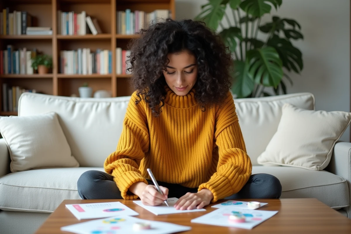 Jeune femme écrivant un message touchant sur une carte d'anniversaire pour sa maman