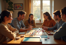 Groupe convivial jouant à des jeux de société dans un salon chaleureux