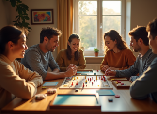 Les dix meilleurs coffrets de jeux de société pour les passionnés Groupe convivial jouant à des jeux de société dans un salon chaleureux
