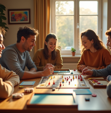 Groupe convivial jouant à des jeux de société dans un salon chaleureux