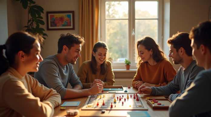 Groupe convivial jouant à des jeux de société dans un salon chaleureux