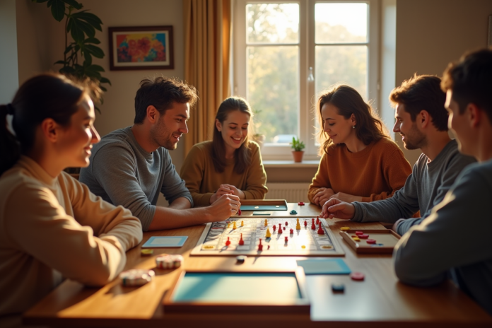 Groupe convivial jouant à des jeux de société dans un salon chaleureux