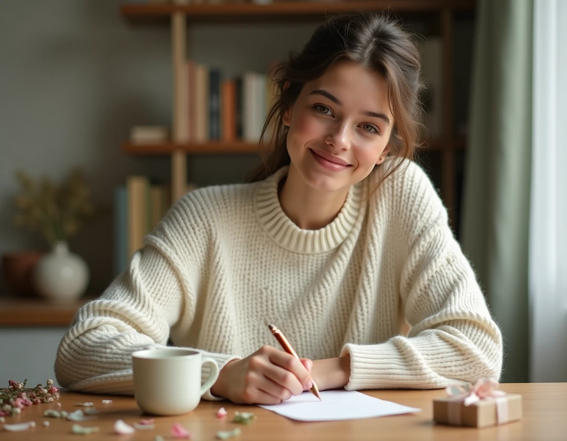 Jeune maman écrivant un message de remerciement pour un cadeau de naissance à une table en bois avec un stylo plume et une carte en papier crème
