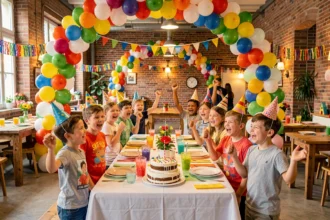 Groupe d'enfants joyeux fêtant un anniversaire dans une salle festive en Auvergne-Rhône-Alpes