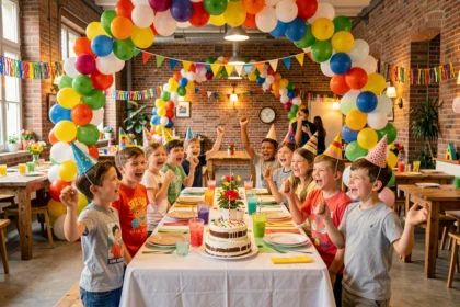 Groupe d'enfants joyeux fêtant un anniversaire dans une salle festive en Auvergne-Rhône-Alpes