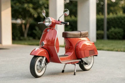 Scooter bébé électrique rouge au design Vespa vintage garé sur un patio moderne