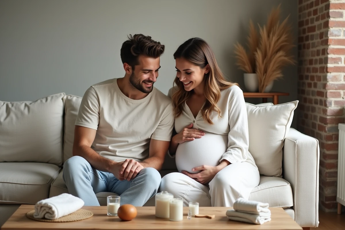 Jeune couple de parents examinant ensemble une sélection de cadeaux de naissance utiles posés sur une table basse