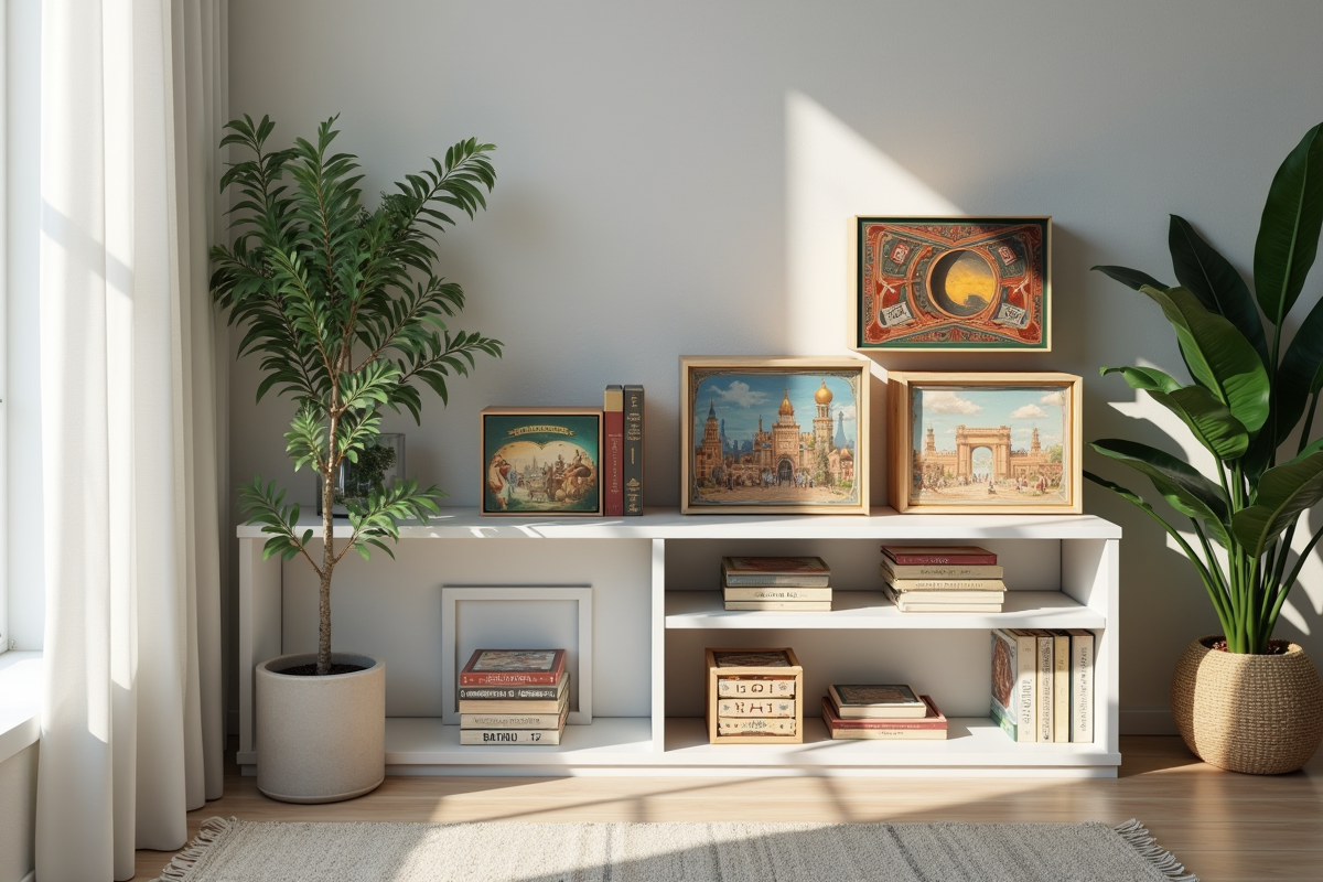 Étagère moderne avec boîtes de jeux de société et plantes vertes