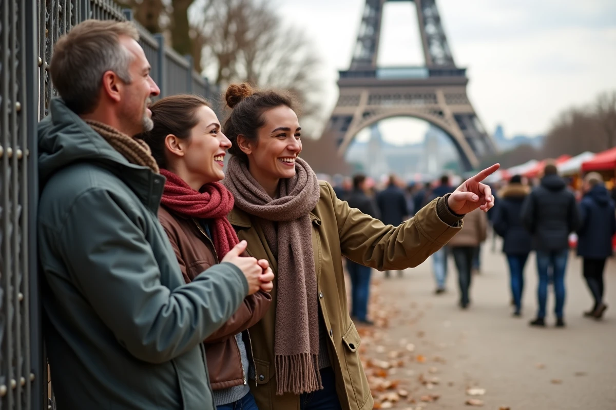 Groupe d'amis profitant d'une sortie gratuite en plein air à Paris près de la Tour Eiffel un week-end d'automne