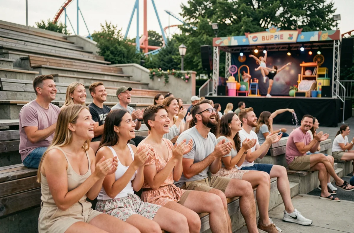 Groupe d'amis assistant à un spectacle en plein air au parc Walibi Rhône-Alpes