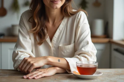 Femme avec un tatouage d'initiale de famille sur le poignet intérieur, posant dans une cuisine scandinave chaleureuse
