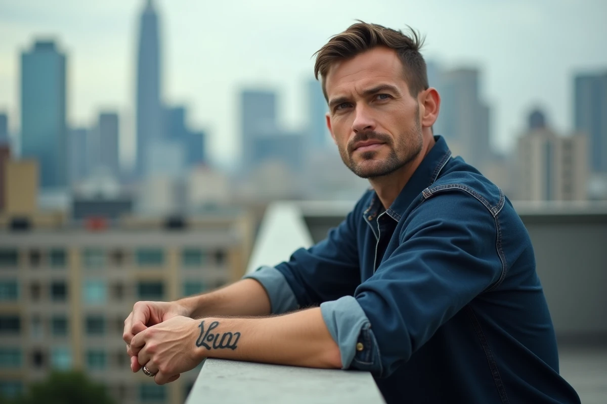 Homme avec un tatouage de lettre initiale sur le poignet posant sur une terrasse urbaine avec vue sur la ville