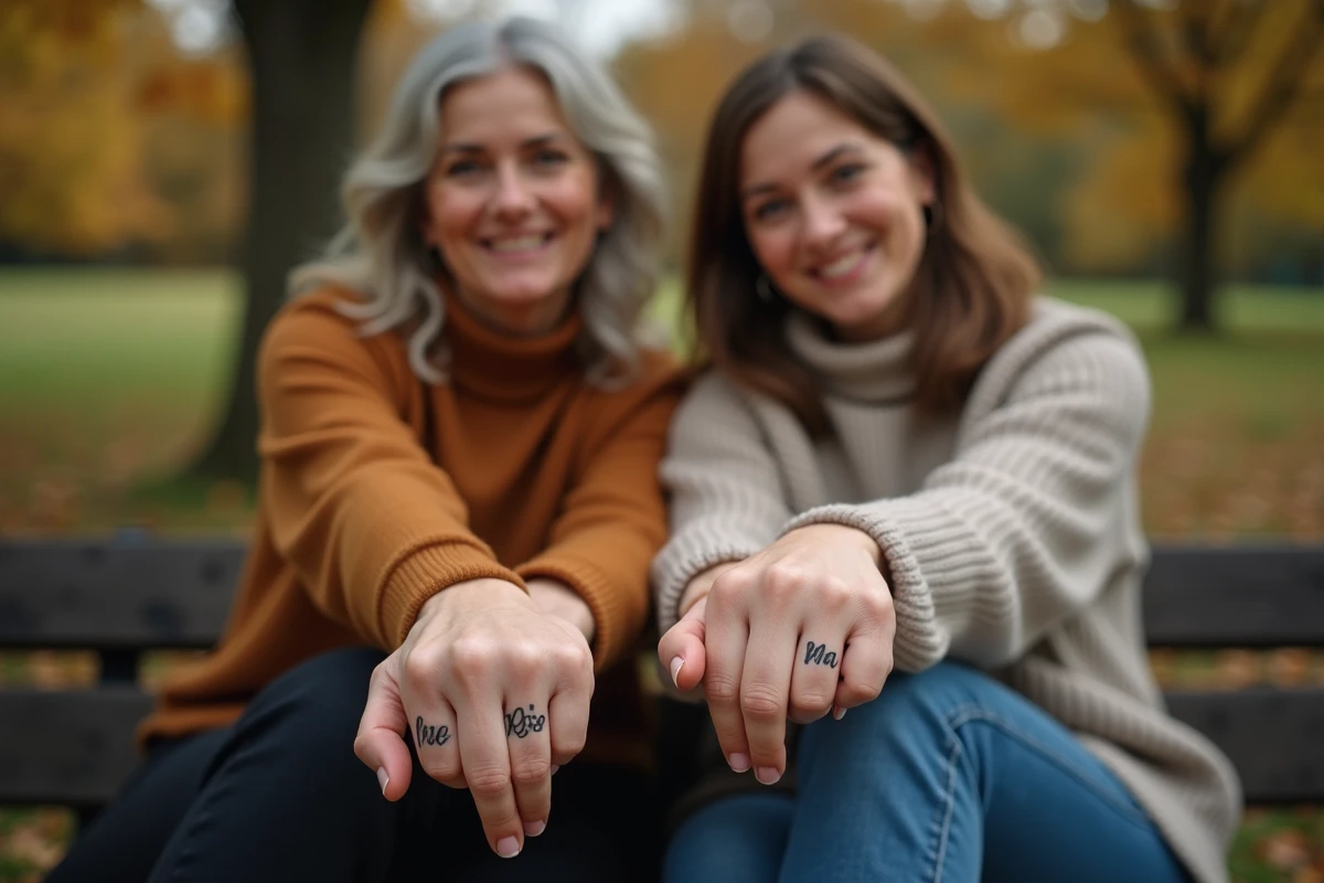 Deux femmes montrant leurs tatouages d'initiales de famille assortis sur les poignets dans un parc en automne