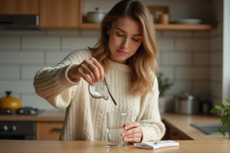 Jeune femme enceinte réalisant le test du sel dans un verre d'eau dans sa cuisine