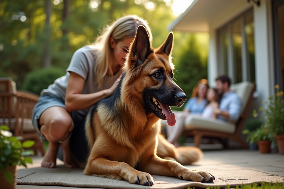 Gros chien berger allemand en toilettage dans le jardin en famille