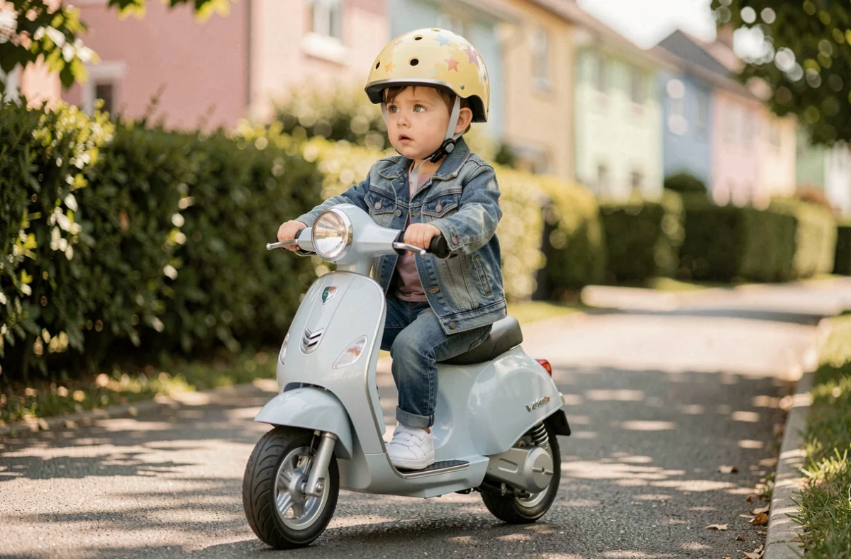 Tout-petit avec casque jaune conduisant un scooter bébé électrique style Vespa sur un trottoir