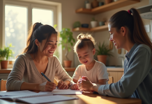 Travailleur social avec mère et enfant dans une cuisine chaleureuse