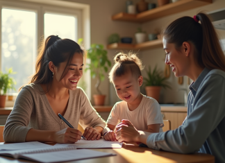 Travailleur social avec mère et enfant dans une cuisine chaleureuse