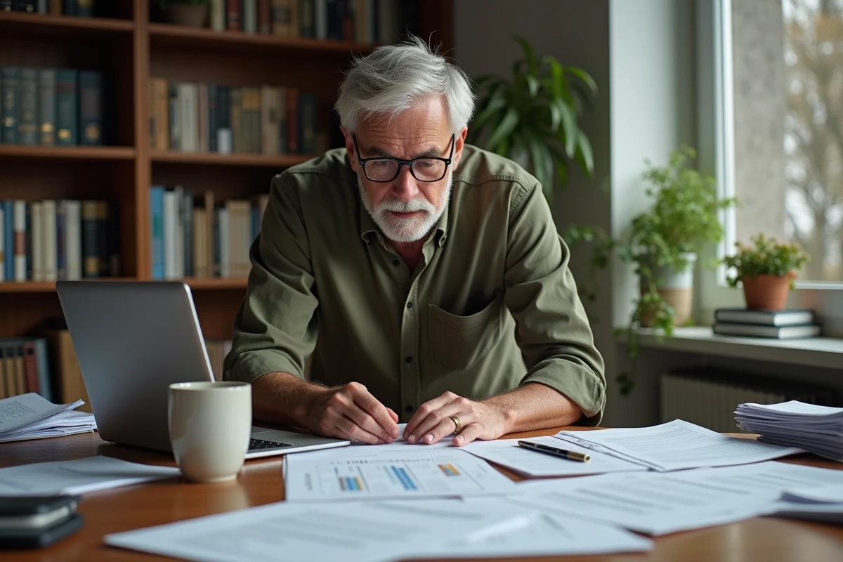 Tuteur légal gérant plusieurs dossiers de protection simultanément sur ordinateur portable et documents papier