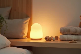 Veilleuse Montessori personnalisée posée sur une étagère en bois dans une chambre d'enfant apaisante aux tons naturels