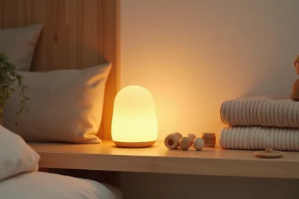 Veilleuse Montessori personnalisée posée sur une étagère en bois dans une chambre d'enfant apaisante aux tons naturels