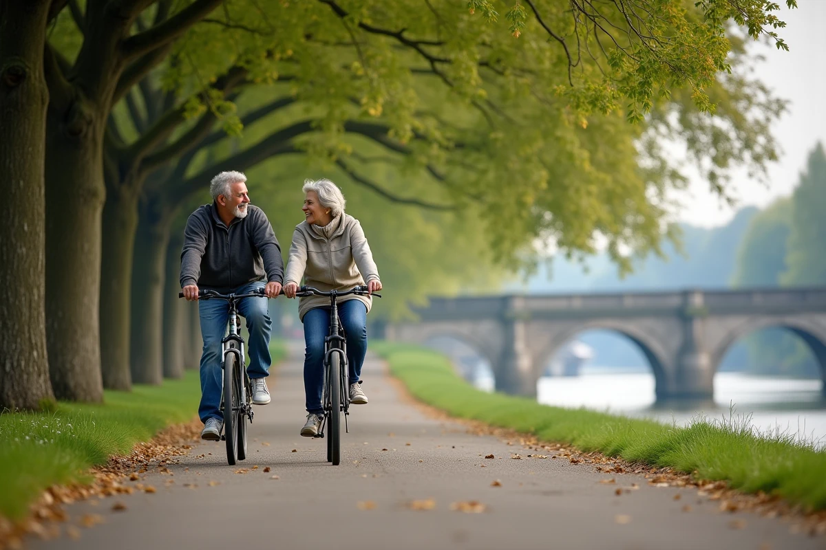 Couple faisant du vélo sur une piste cyclable en bord de Seine en Île-de-France lors d'un week-end en plein air