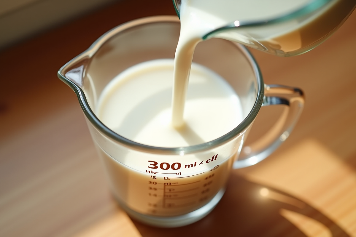 Verre doseur avec 300 ml de lait versé en gros plan