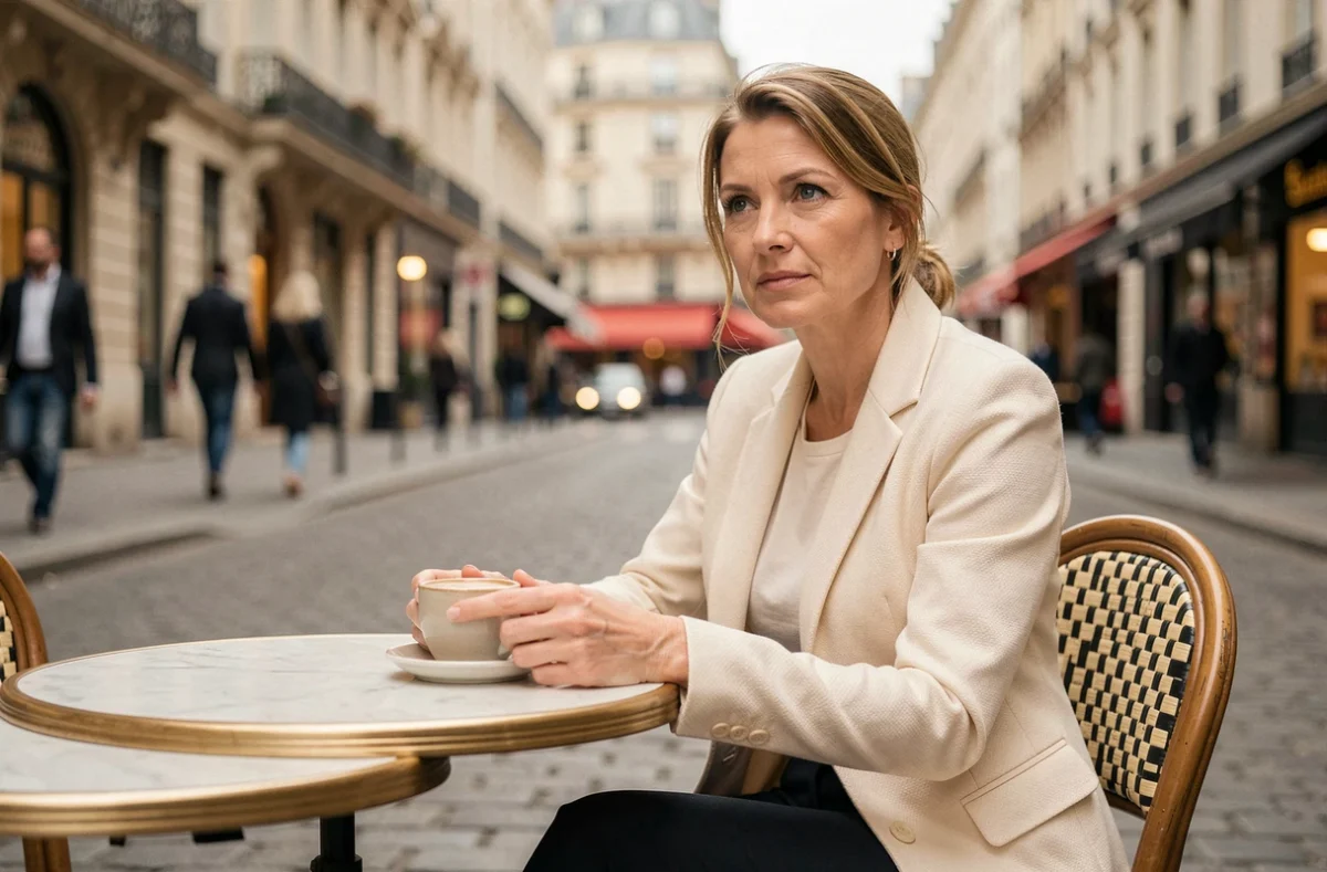 Femme élégante attablée dans un café parisien, atmosphère discrète et vie privée, portrait naturel