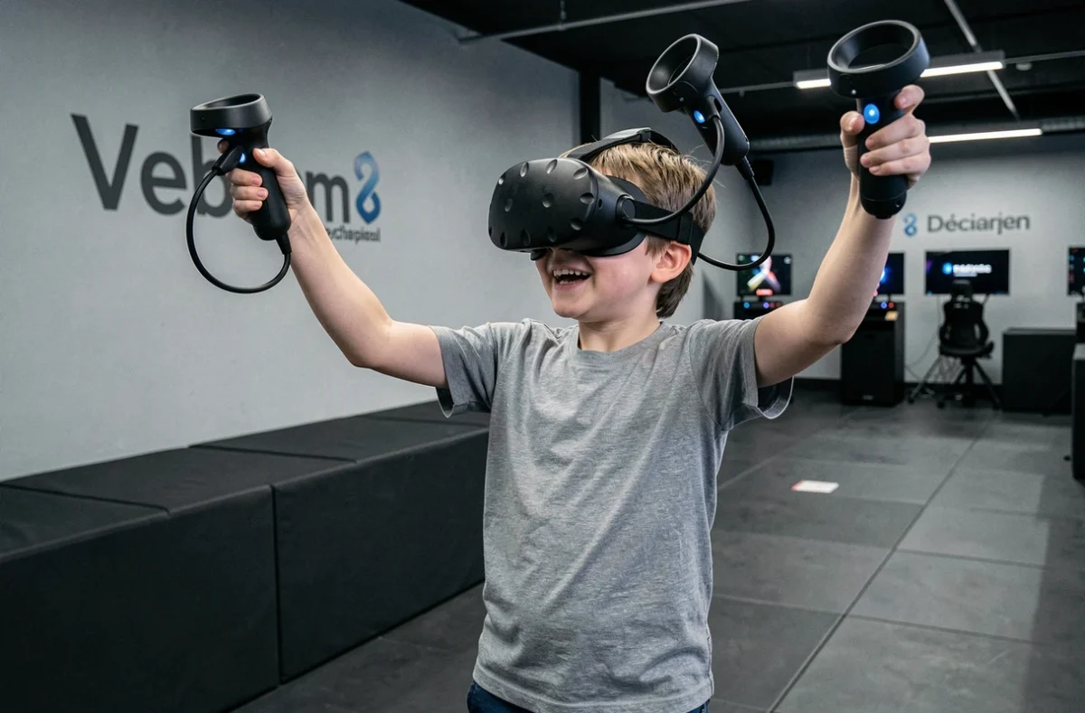 Enfant avec casque VR en pleine session de réalité virtuelle au Vortex Experience VR Lyon à Décines-Charpieu