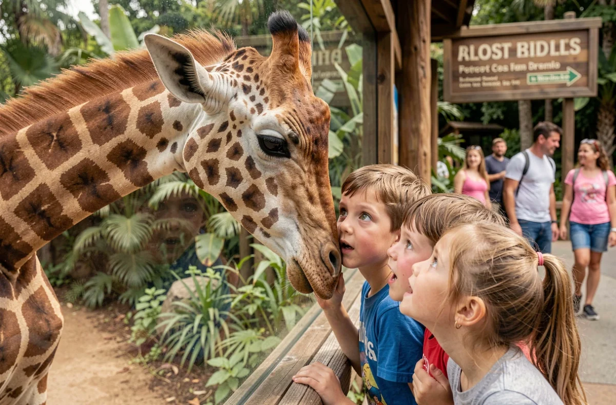Deux enfants émerveillés devant une girafe au Zoo de Lille